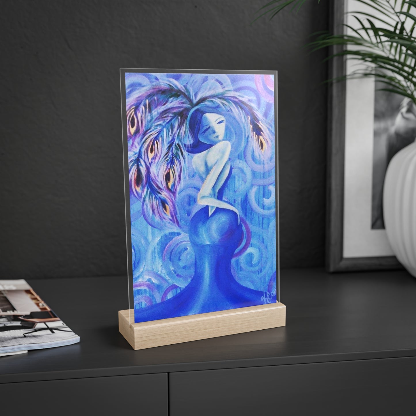 Lady Blue Glass with Wooden Stand